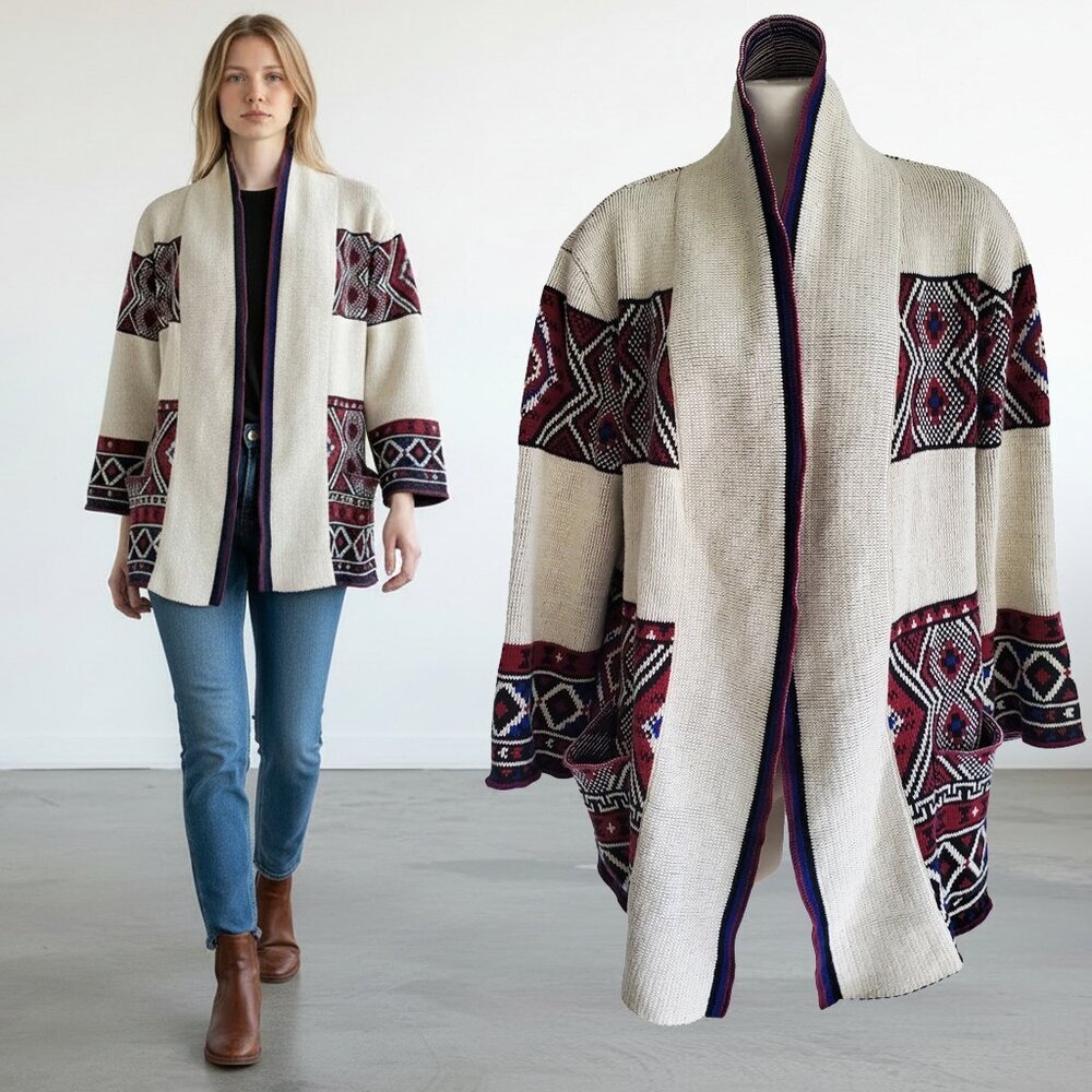 Southwestern Style Blanket Open Cardigan Cotton Bland Size M